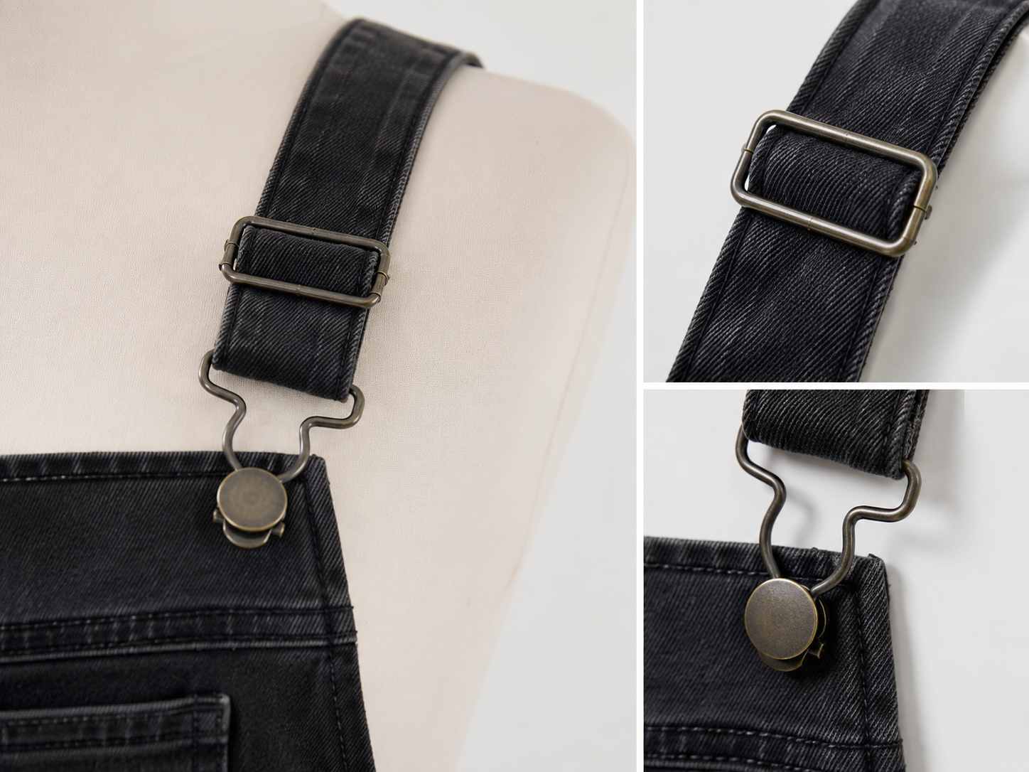 adjustable strap hardware, Adjustable strap hardware with a rectangular metal adjuster and connector fastener is installed on a black fabric strap and shown in three close-up views.